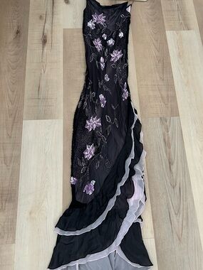 Elegant Vintage Silk Black Beaded Floral Evening Skirt with Pink Accents